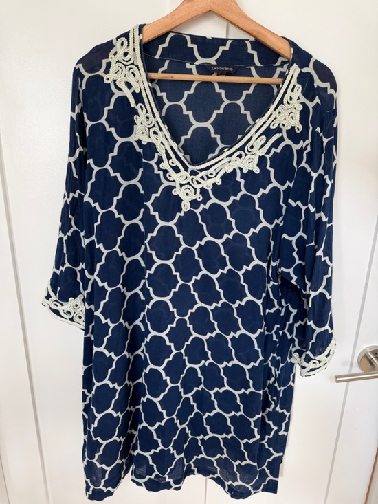 Lands' End Other - Lands' End Navy and White Patterned V-Neck Tunic swimsuit coverup